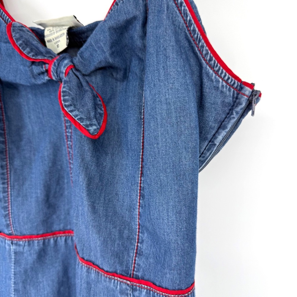 Y2K Faded Glory Women 10 Denim Dress Blue Red Trim Bow Tie Front Americana USA - Picture 5 of 6